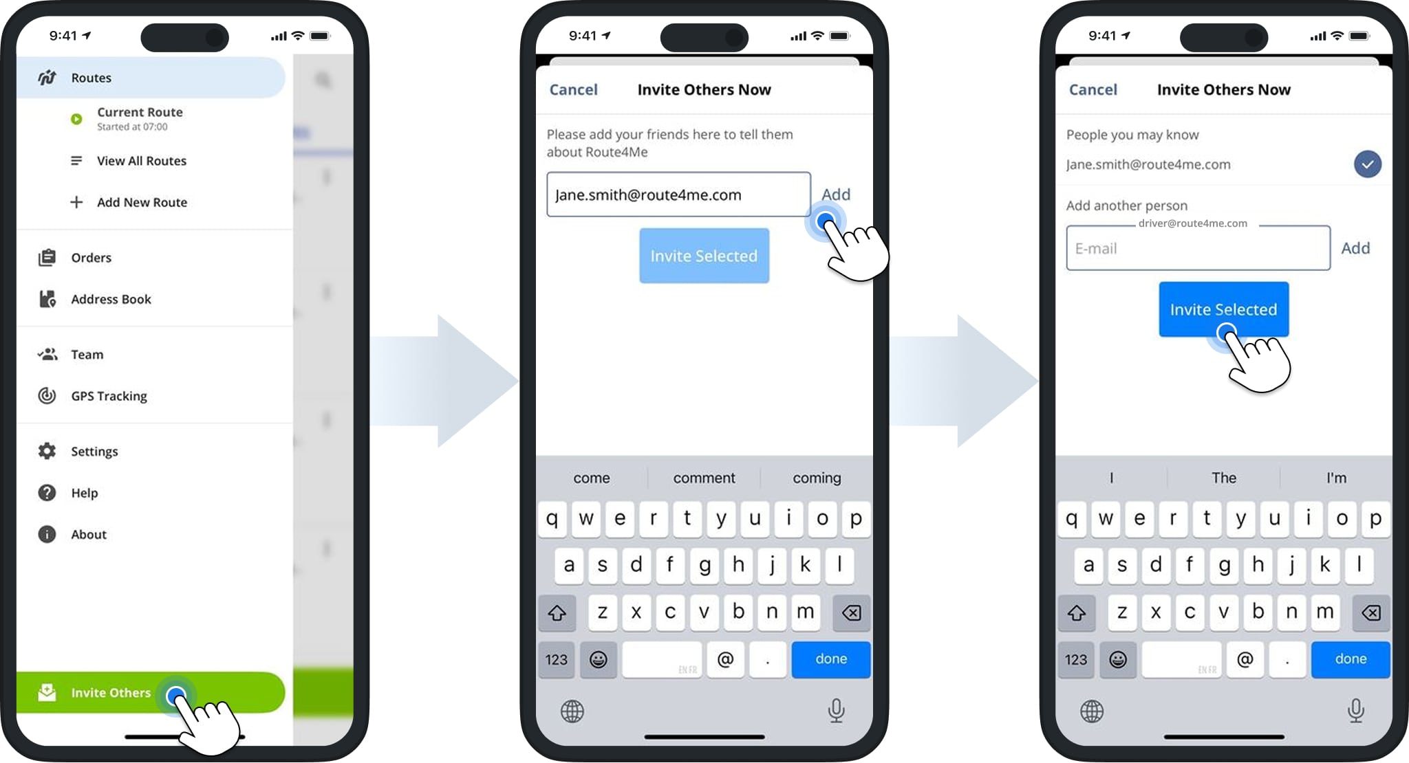 Invite team members and users via email to join Route4Me using the iPhone Route Planner app.