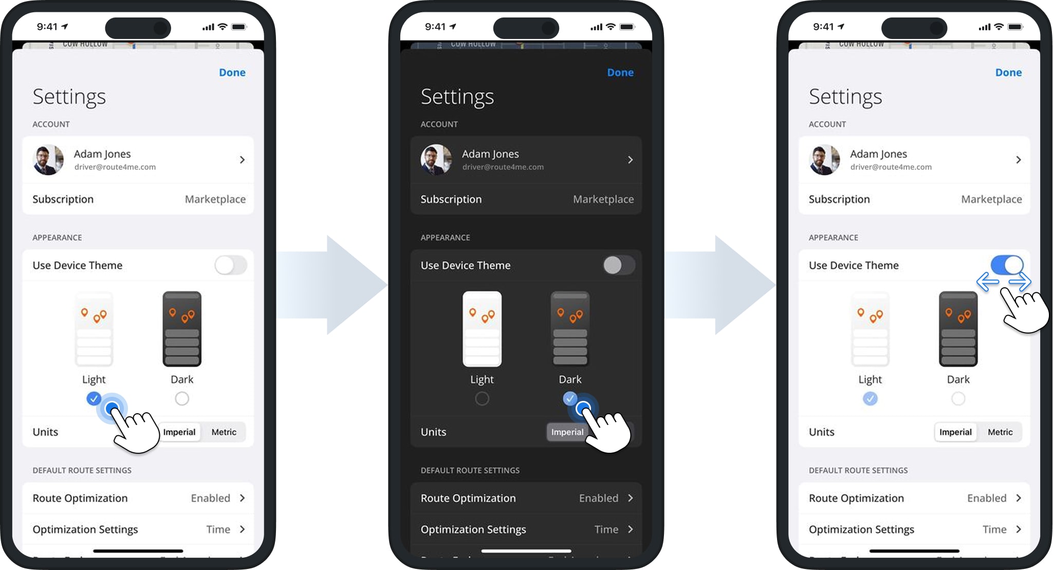 Choose a dark or light app theme or select the device theme for Route4Me