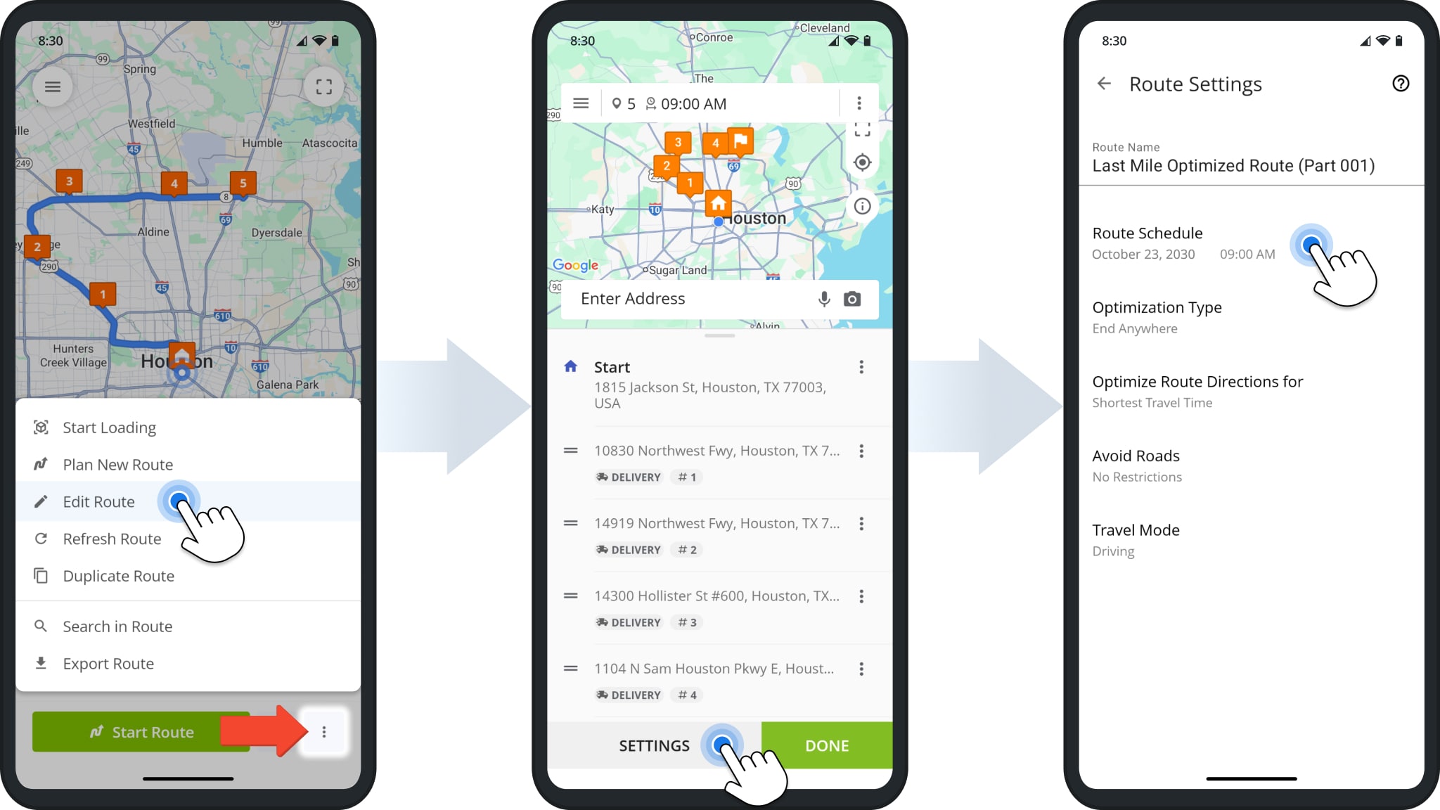 Change the date and time when a route is scheduled to start by rescheduling the planned route.
