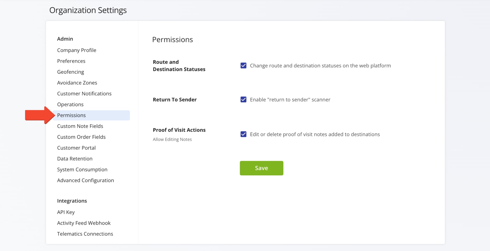 In Permissions, you can manage settings for Route and Destination Statuses, enable Return to Sender, and configure Proof of Visit actions.