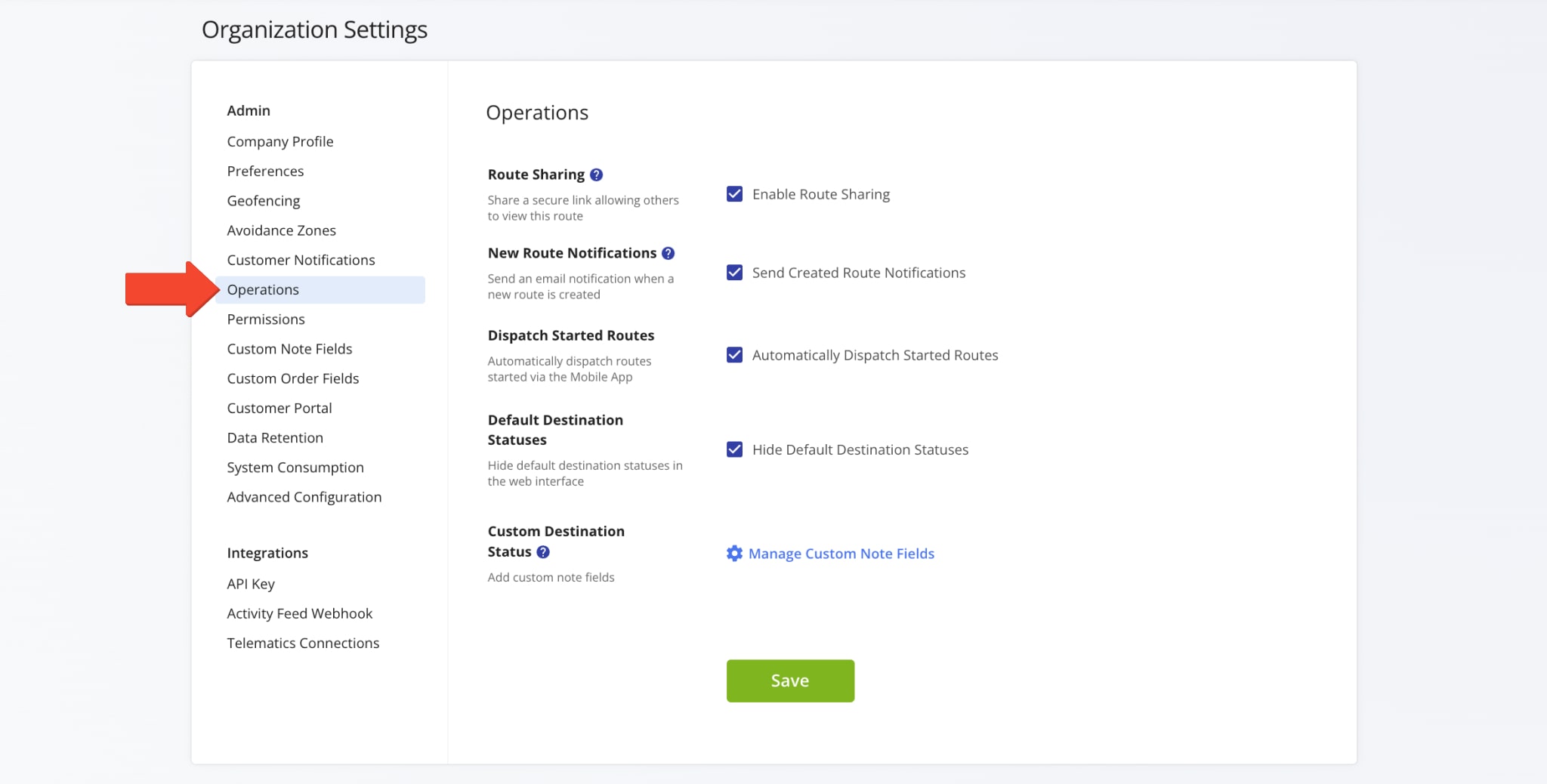 From the Operations tab, enable email notifications, auto-dispatch routes, hide default statuses, and create custom destination statuses.