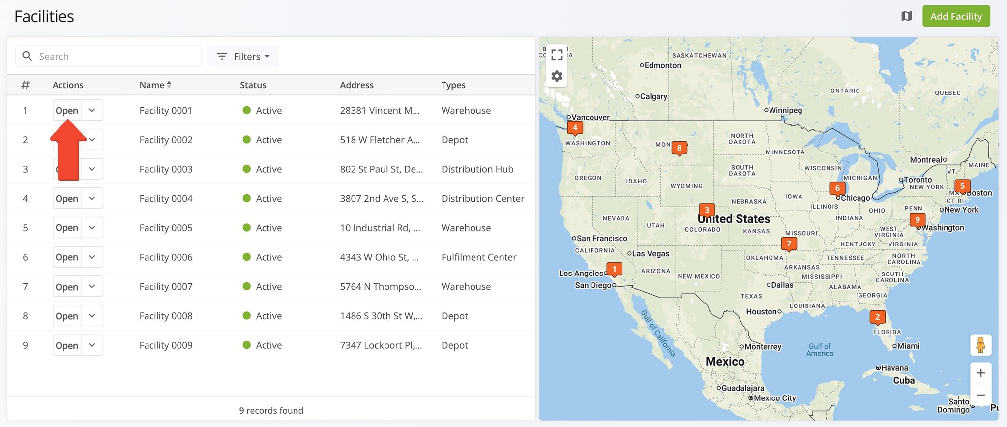 Click on a facility to access its Facility Snapshot.