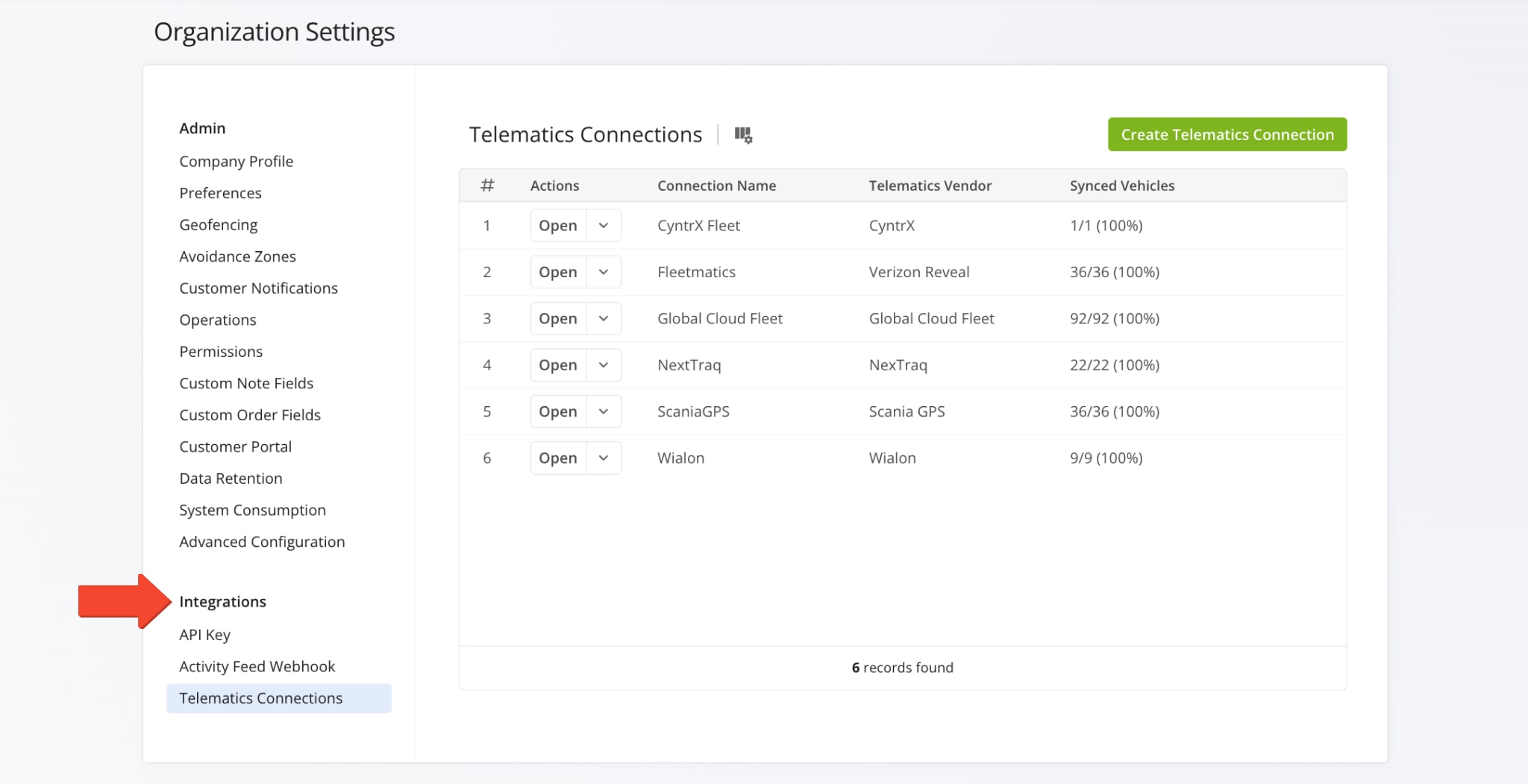 From Integrations, access API key, enter callback URL, and establish Telematics connections.