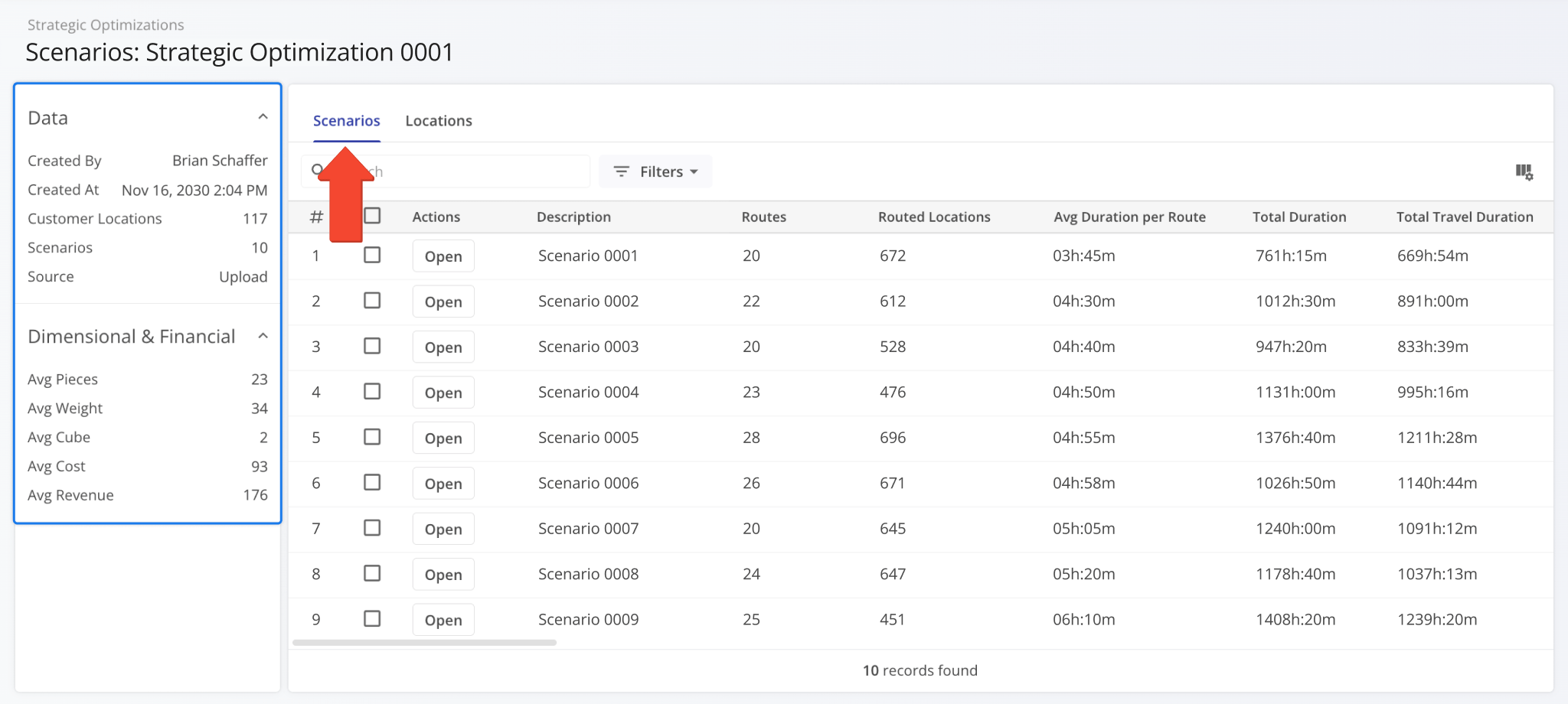 On the ‘Scenarios’ page, you can see the scenarios included in the Strategic Plan and their data such as the number of routes, visits, average and total route durations, etc.