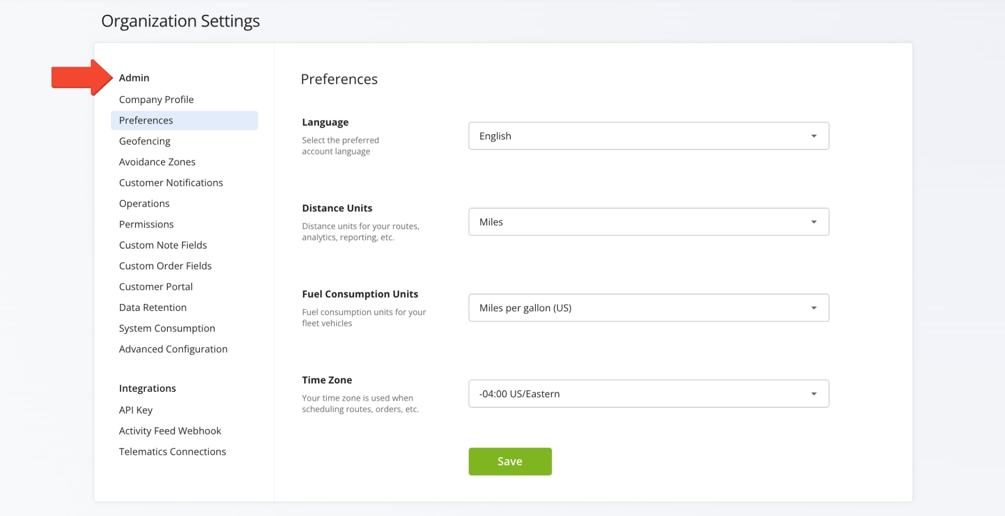 From the Admin section, manage account preferences, notifications, operations, permissions, geofencing, avoidance zones, customer notes, data retention, and system consumption.