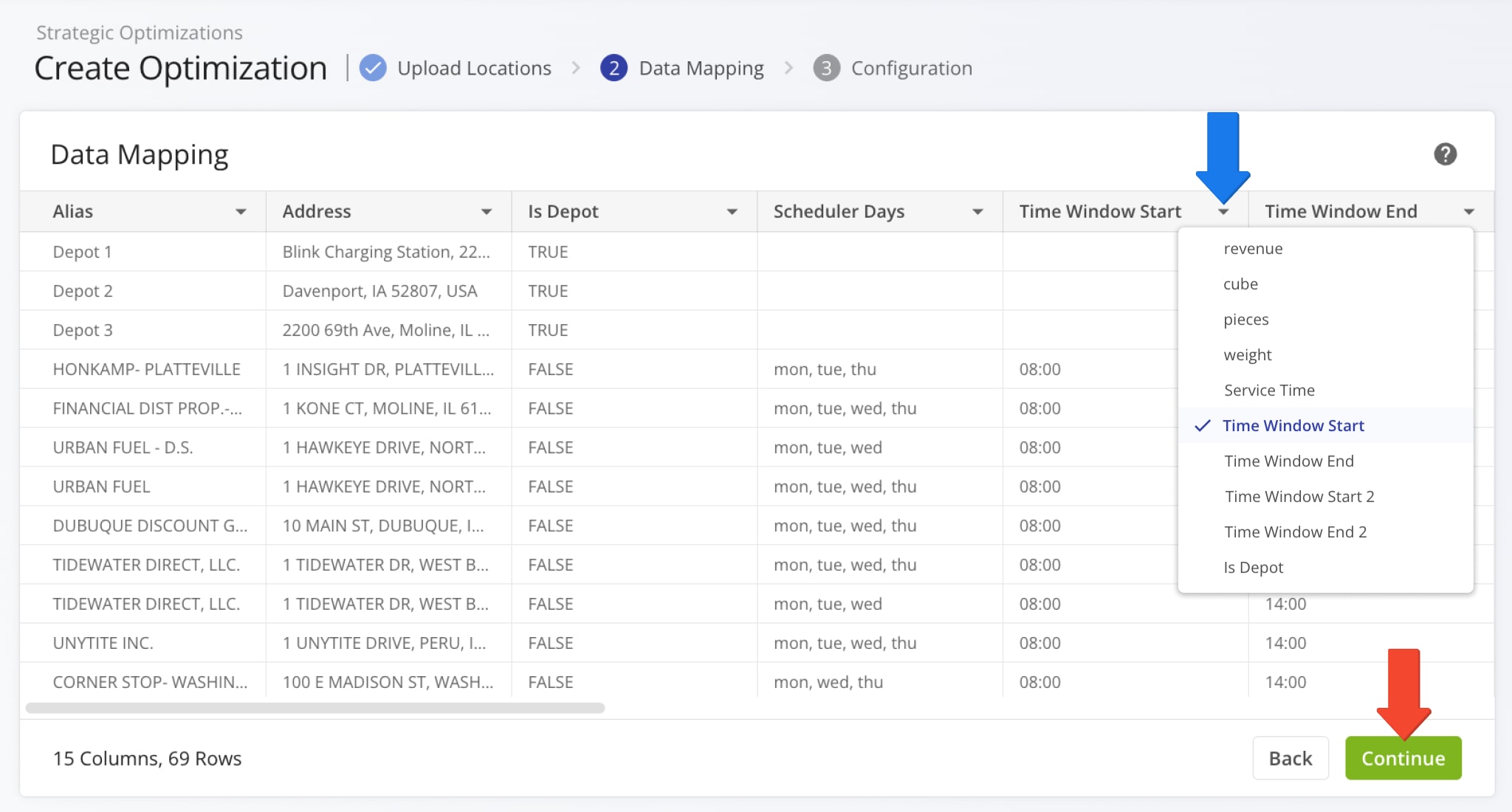 Route4Me will automatically validate your data and map it to internal variables for optimization. If a column wasn't validated, click the Down Arrow and select the correct data type.