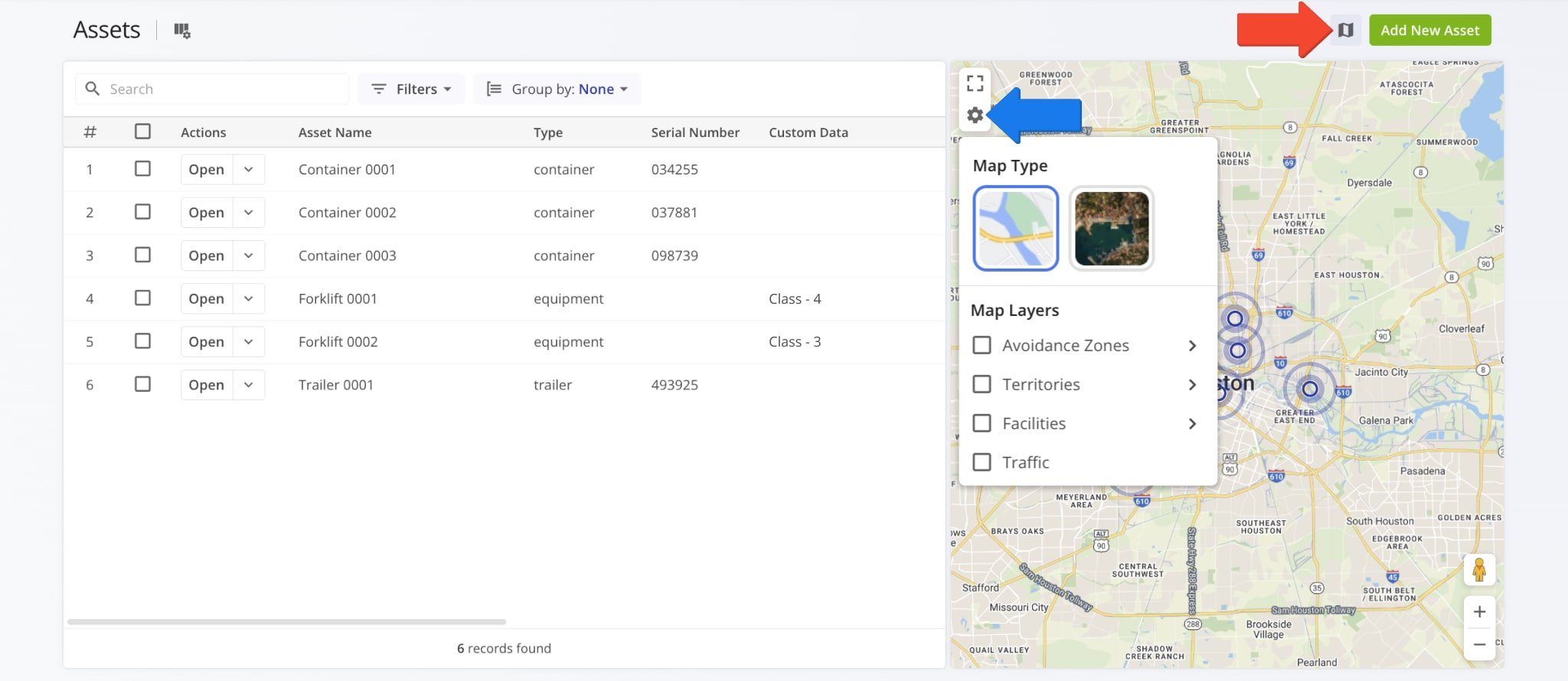 To view where trackable Assets are located, simply click the Map Button in the top-right to open the Assets Map.