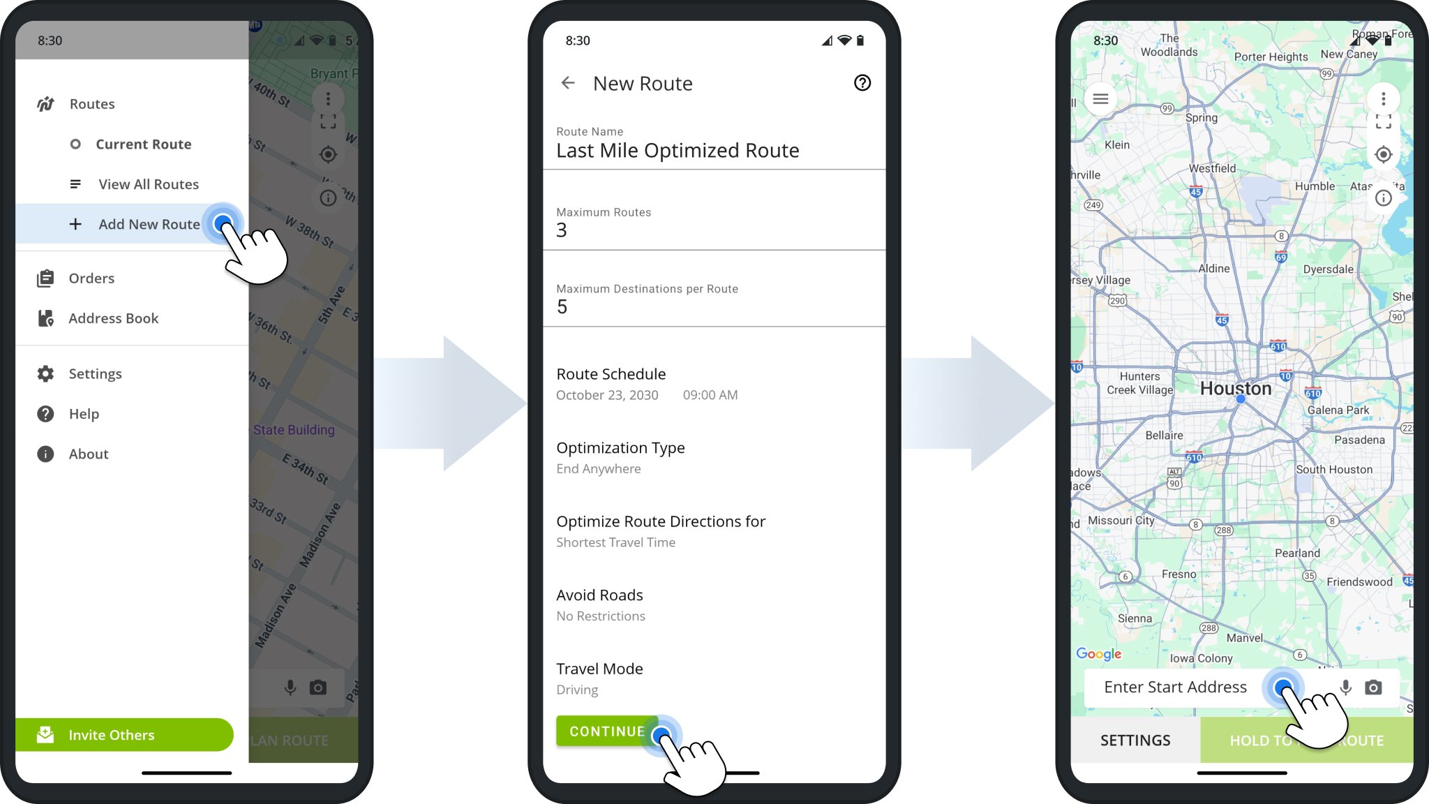 To plan multiple routes on the mobile app, tap Add New Route from the main menu. Then, set your optimization constraints.