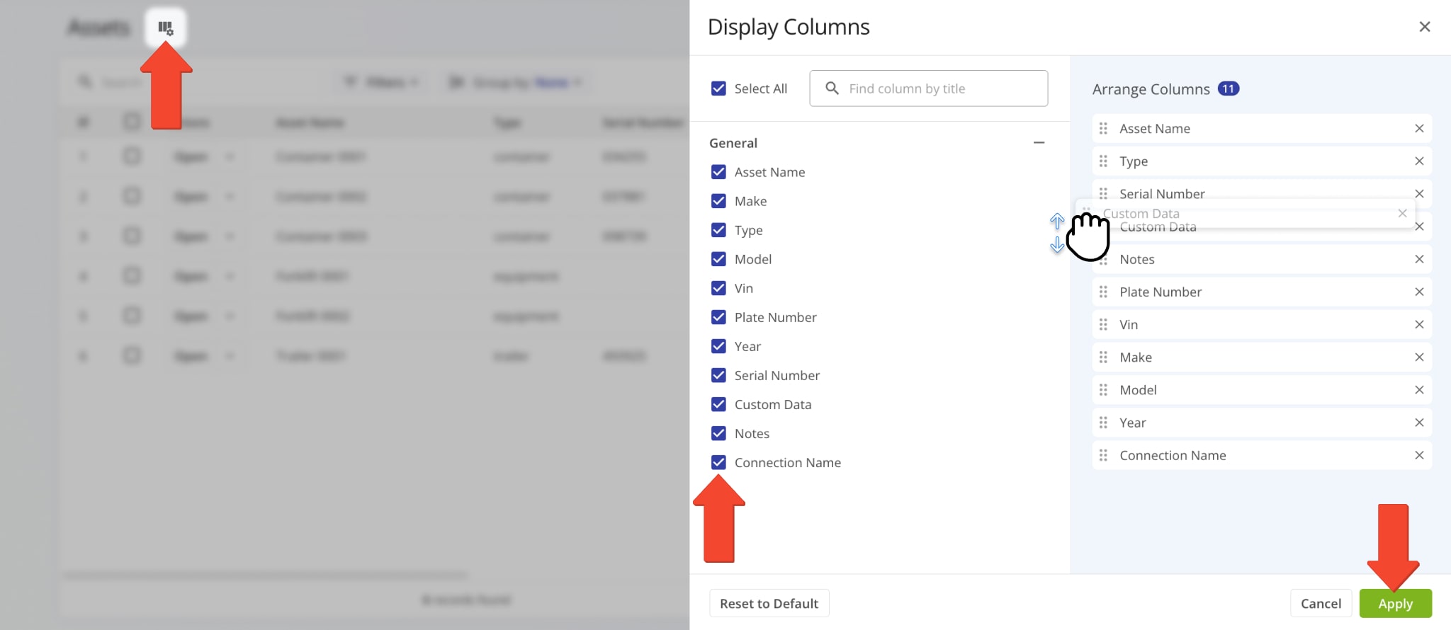 With Route4Me, you can customize any data table on your TMS Web Platform. To enable data columns on your Assets Page and edit their order, click the Columns Button in the top-left.