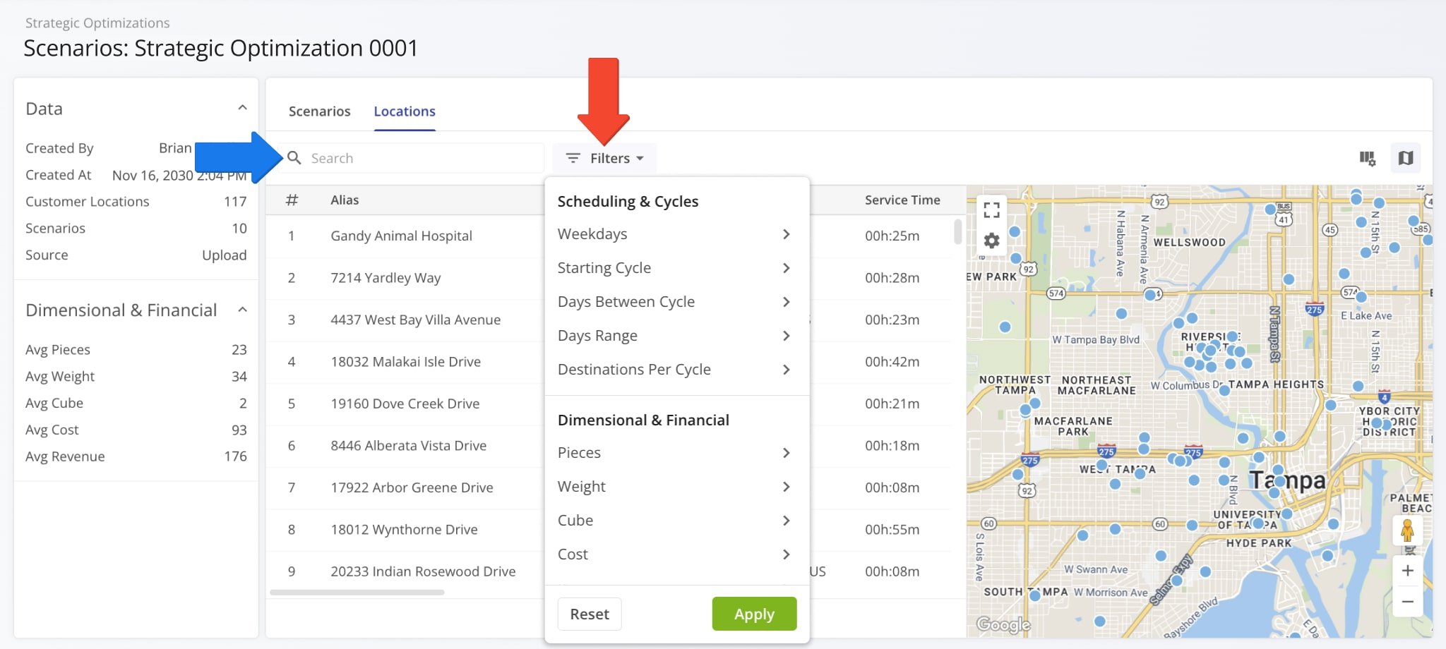 To find a specific Scenarios or Locations in the Strategic Optimization, you can use custom filters or search by name with the Search field.