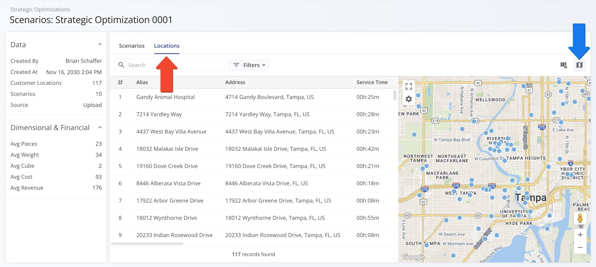 Click the 'Locations' tab to see the Customer Locations associated with the plan and its scenarios.