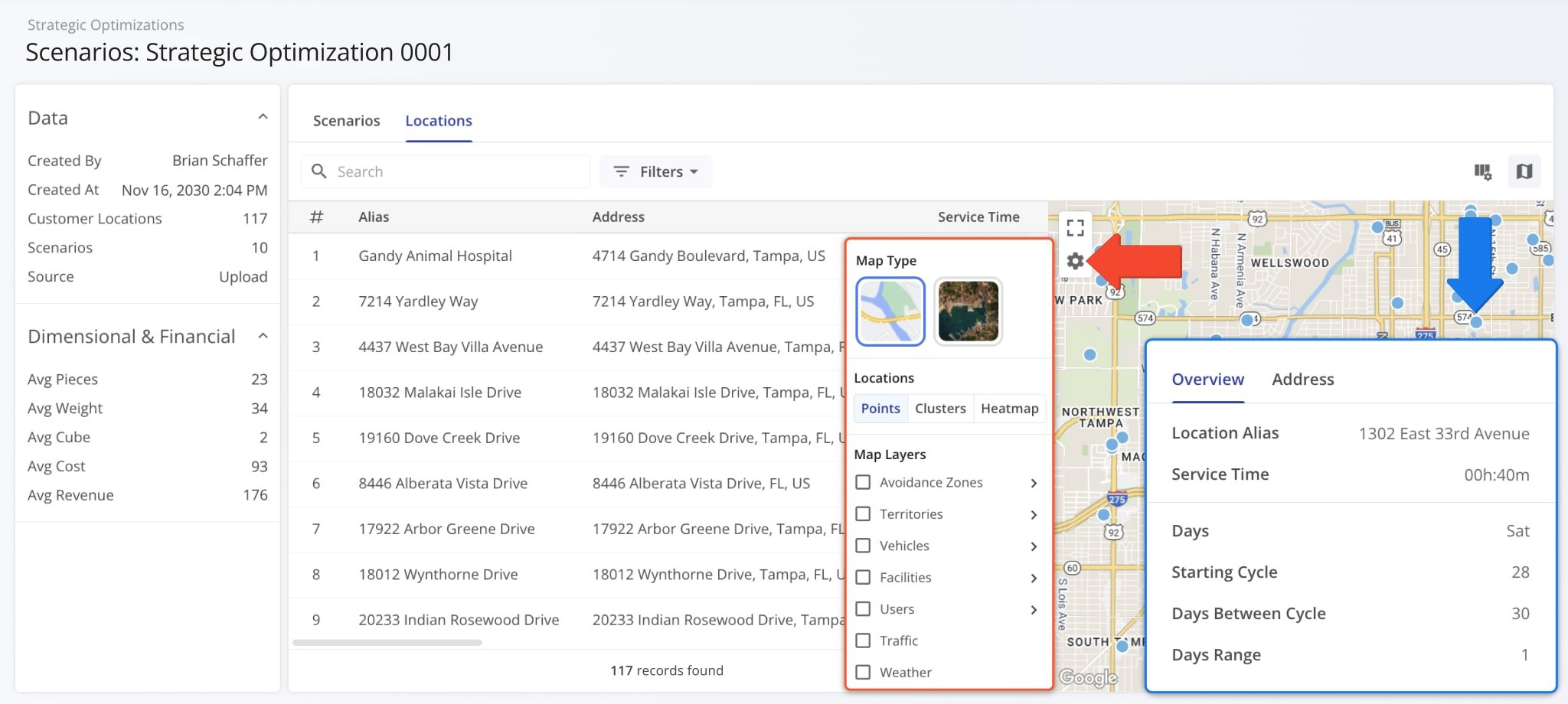 On the Locations Map, you can hover over a Location to view its address and scheduling details in the Strategic Optimization. You can also adjust map settings.