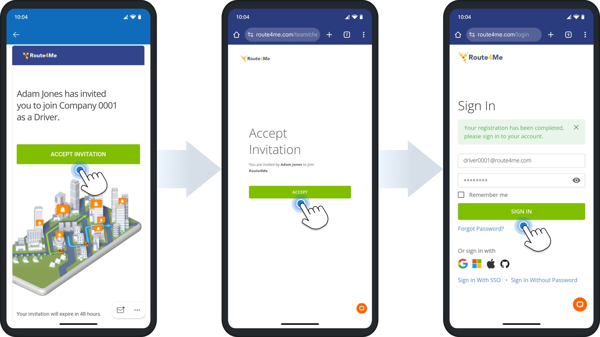 Drivers must receive an invite to subscribe to the Route4Me Android app.