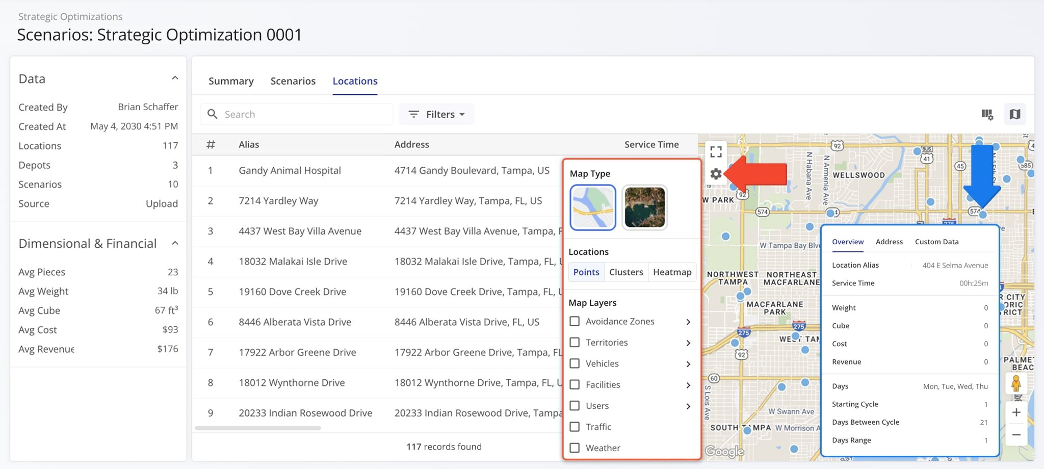 On the Locations Map, you can hover over a Location to view its address and scheduling details in the Strategic Optimization. You can also adjust map settings.
