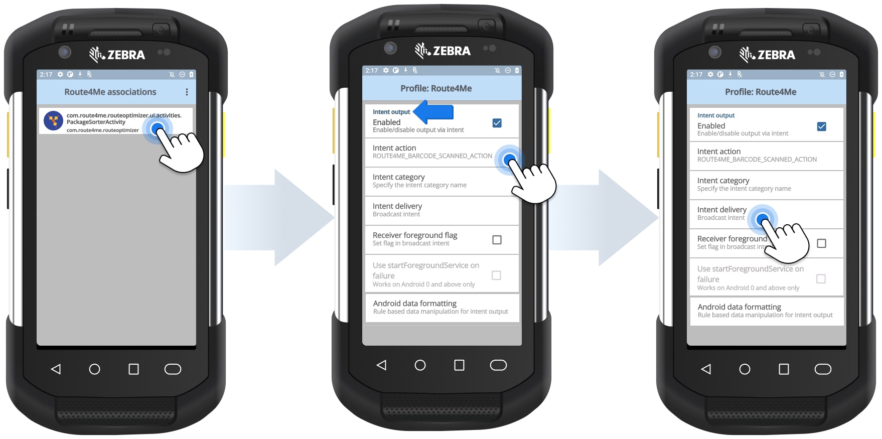 Configure how scanned barcode data is sent to the Route4Me app.