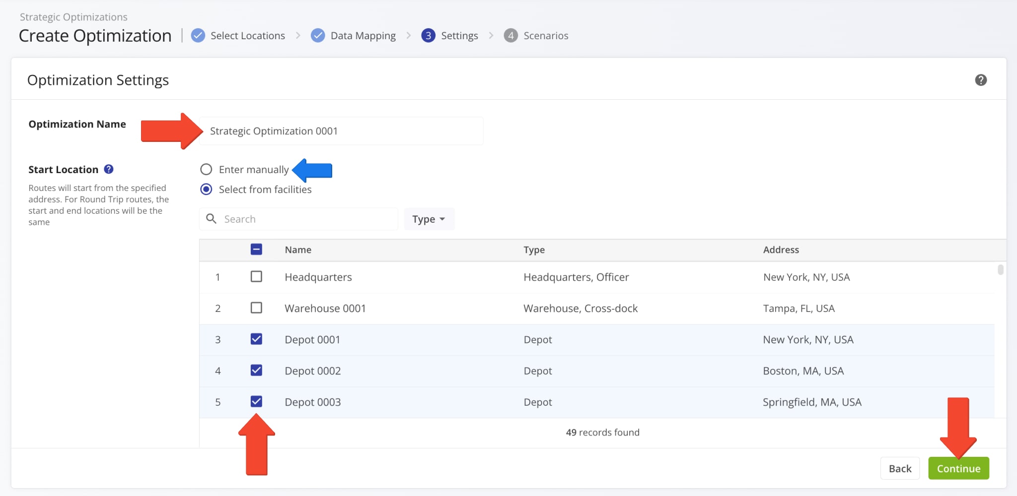 After you select Locations for Strategic Optimization, you can configure optimization settings. First, input a name for your Strategic Optimization. Then, select route start locations from your Facilities.