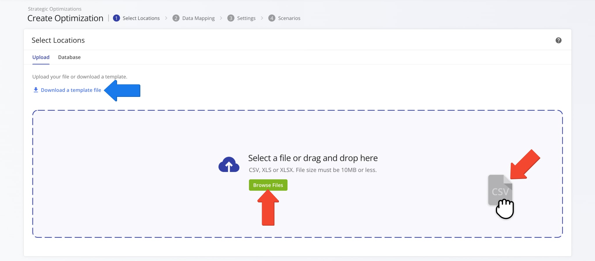 Create new Strategic Optimizations by uploading customer location and schedule data.