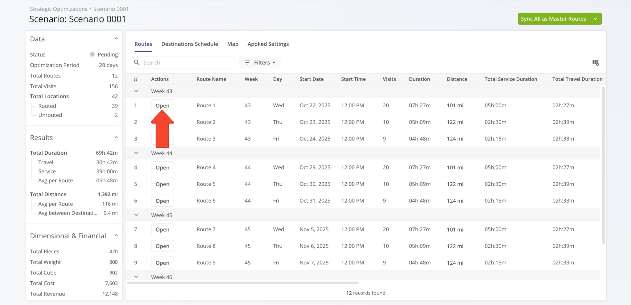 To open the Strategic Route Snapshot of any optimized Scenario route, go to