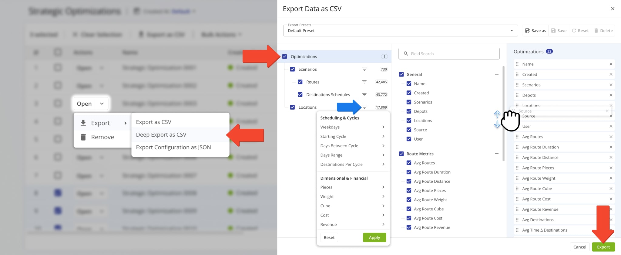 The Deep Export interface enables you to configure more complex export templates by giving you access to all the data values available for Strategic Optimizations.