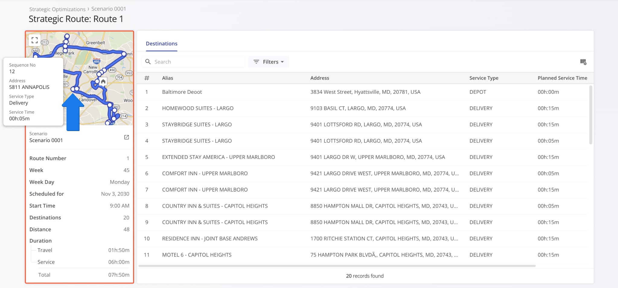 On the left, you can find the Strategic Route Summary. The map shows the route