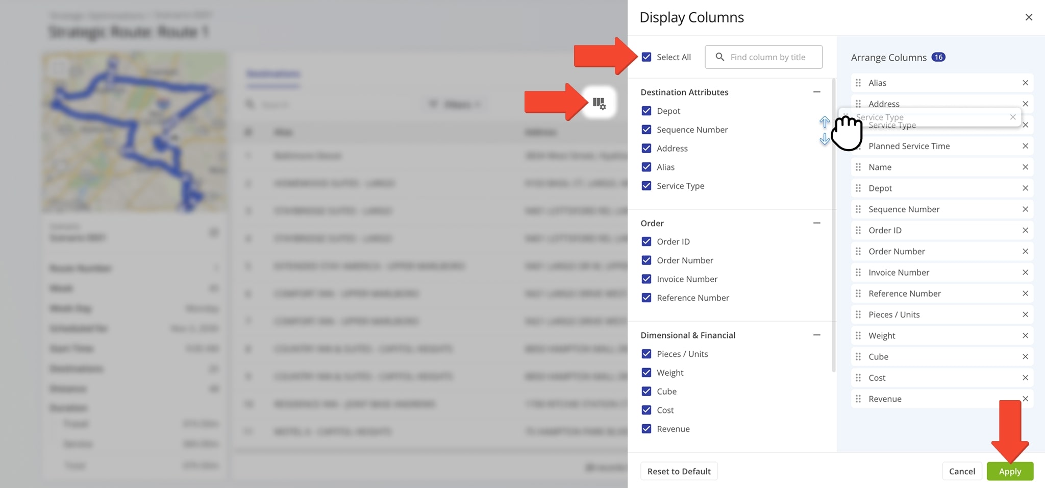 Customize the data columns of Strategic Snapshots. These represent Destination details.