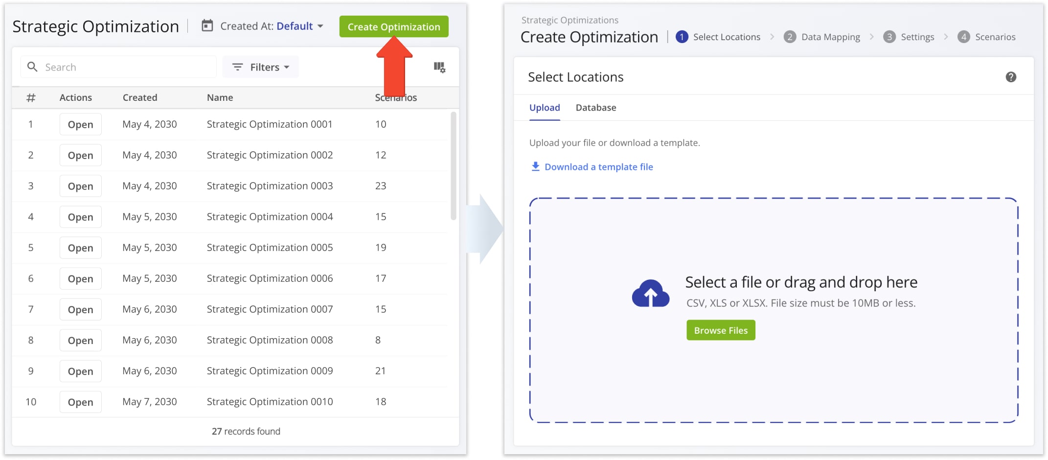 Start creating a new Strategic Optimization from your Scenarios Page by clicking the Create Optimization button in the top-right.
