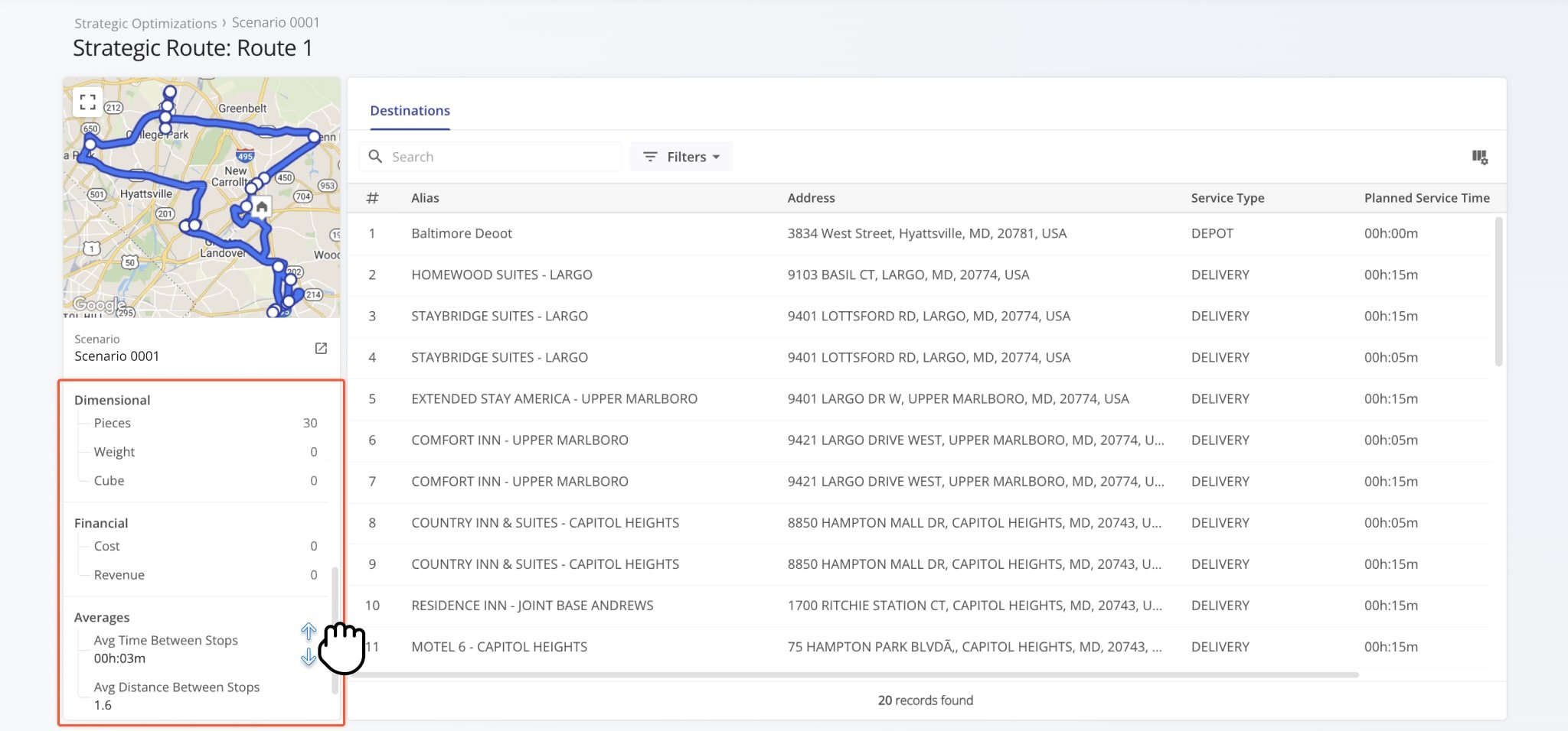 Scroll down in the Route Summary panel to see more details such as the dimension and financial information of any associated Orders.