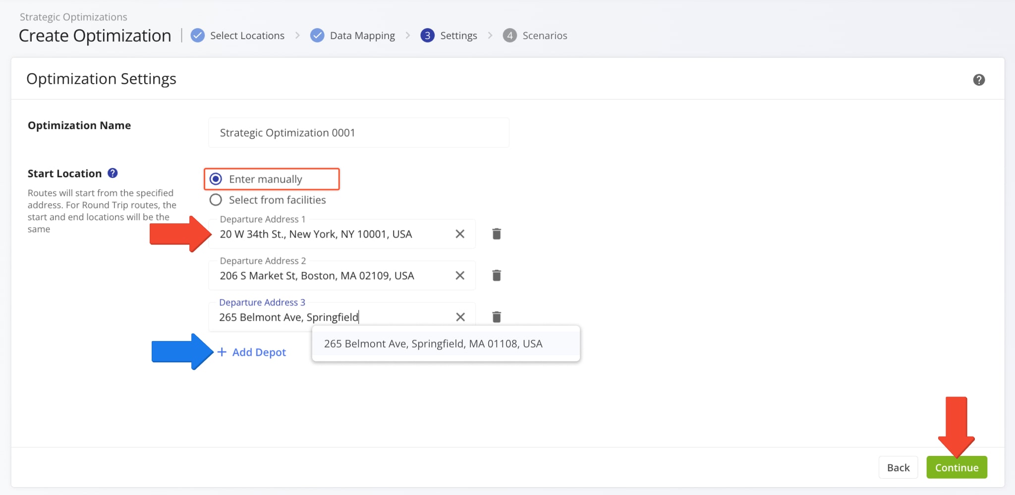 Input departure addresses in the corresponding fields. Route4Me