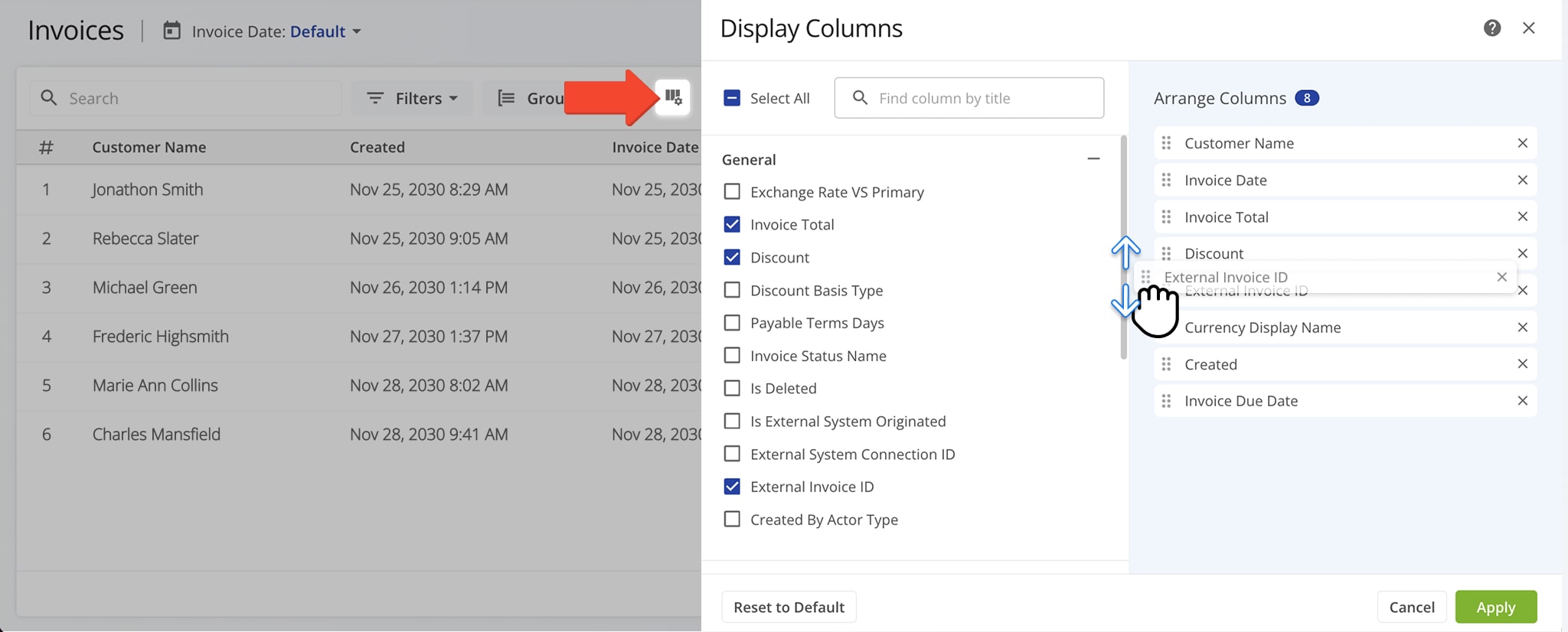 Customize the appearance of your Invoice page by selecting the data columns you wish to view.