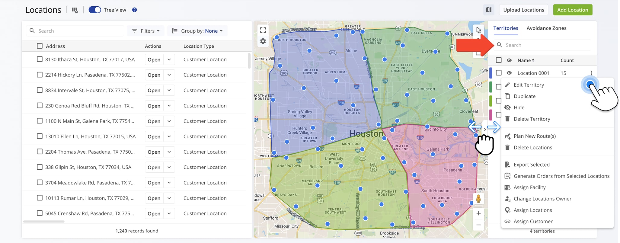 Click the Three-dot icon next to a Territory to perform Territory management actions.