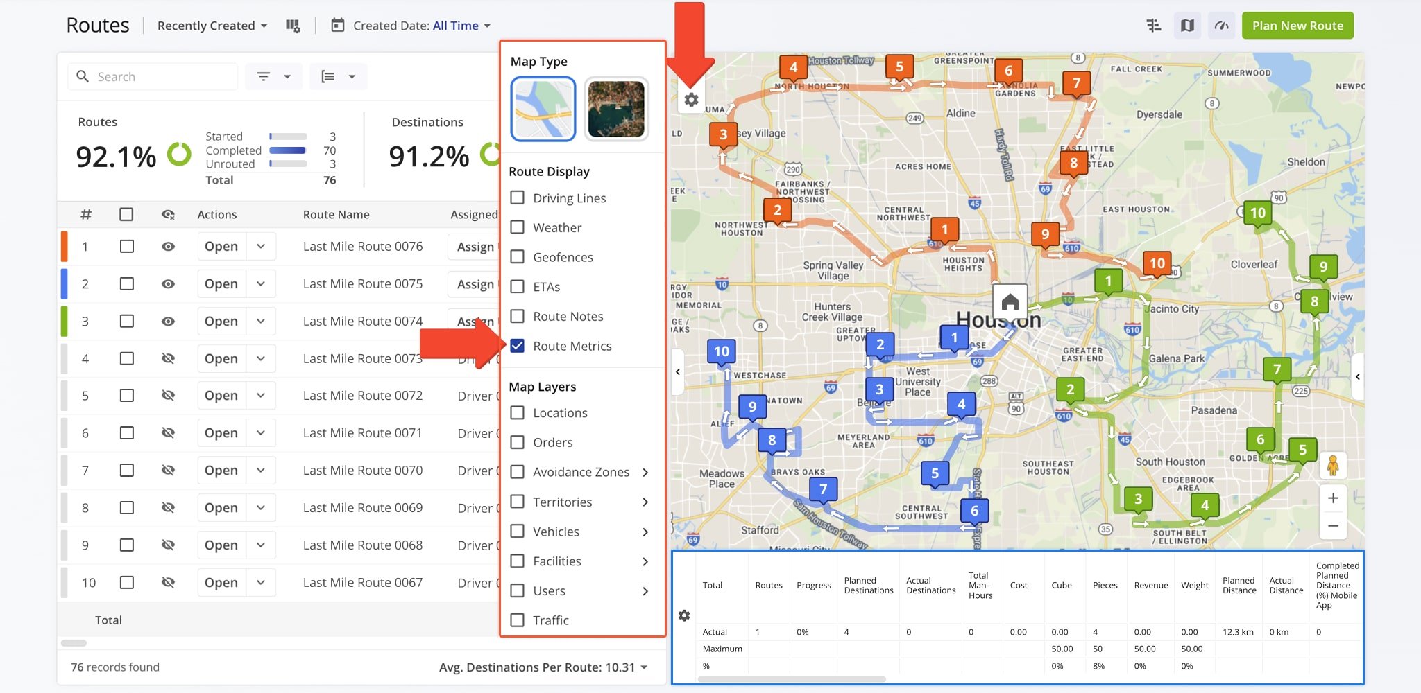 Route Metrics show detailed information such as total distance, route duration, or number of stops.