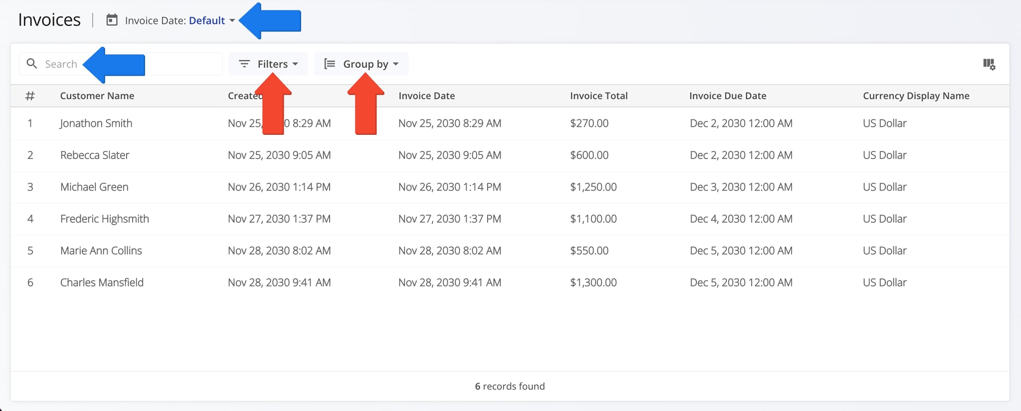 Use group and filter options to quickly locate invoice data.