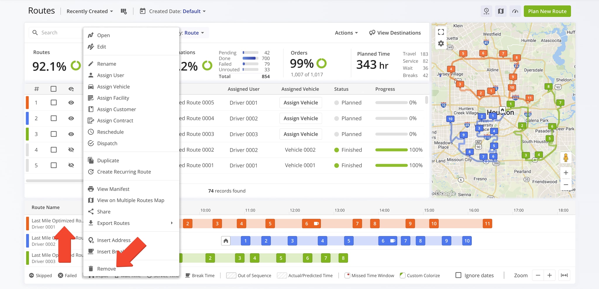 Right-click a route in the timeline and select Remove to delete it from your Routes Page.