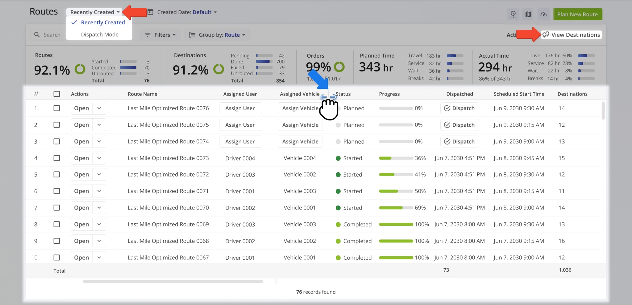 The Routes Page offers a customizable data table you can tailor to show the exact data you want to see.
