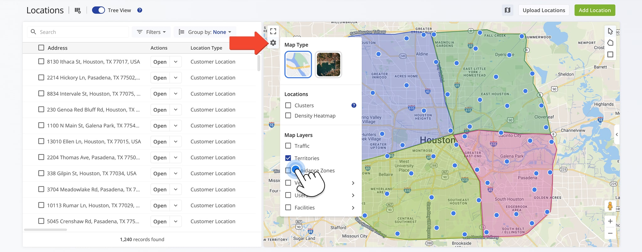 Click the gear icon to view all territories on the Locations Map.