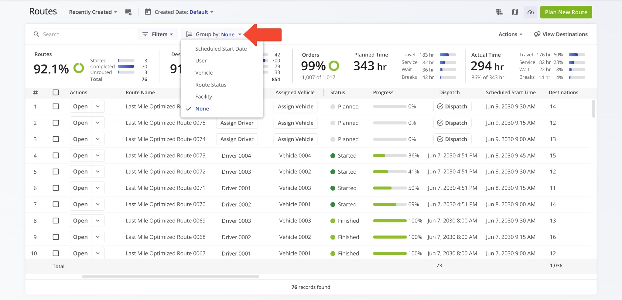 Apply grouping options to view and manage routes by common attributes.