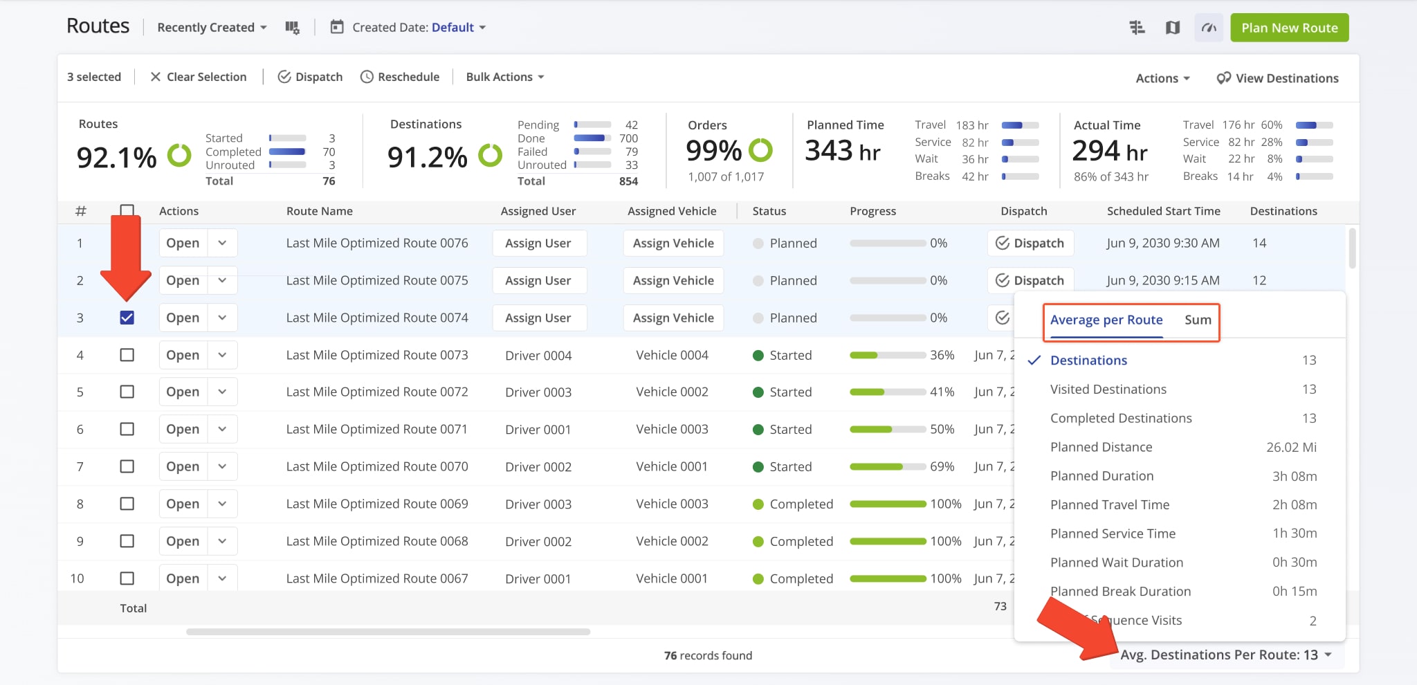 Access from the Routes Page average metric totals across multiple routes.
