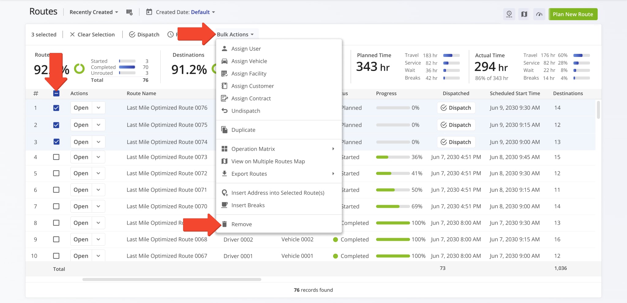 To remove multiple routes, choose