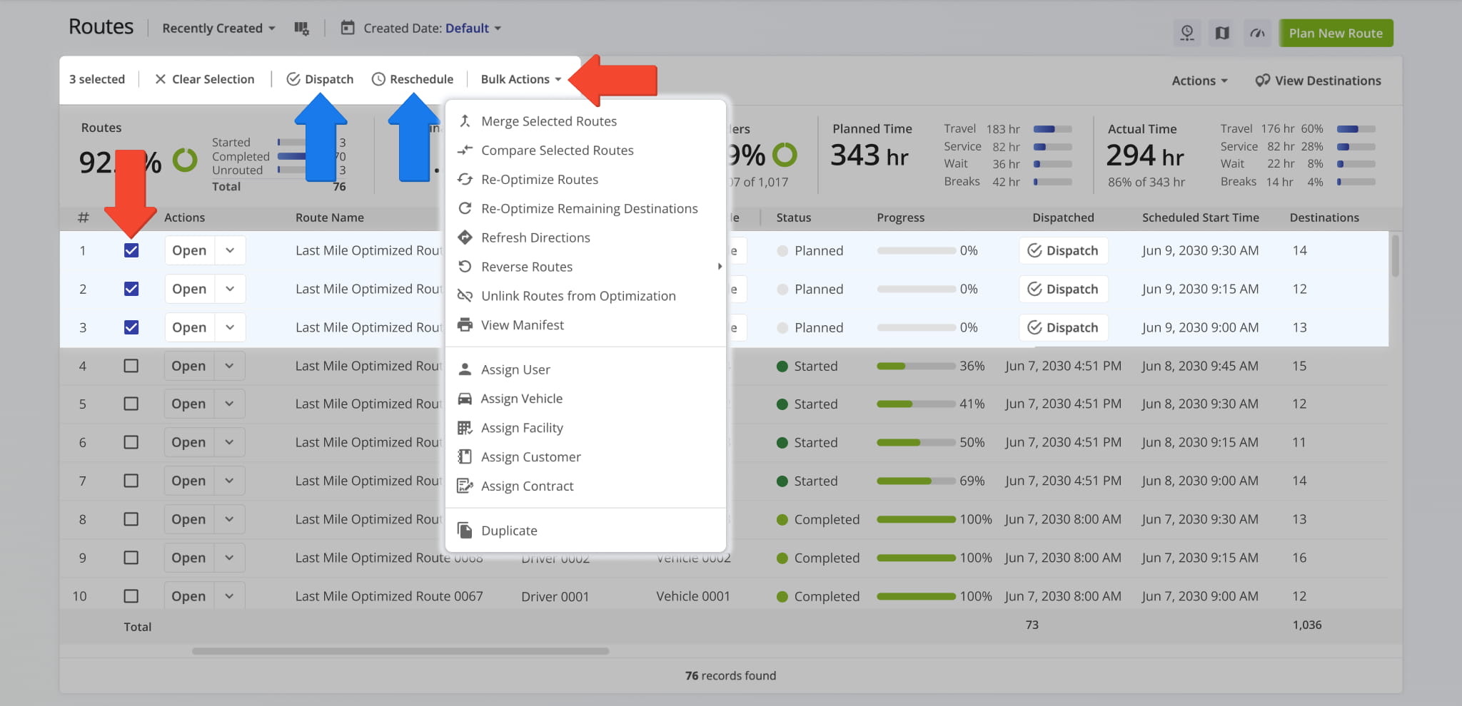 From the Routes List, you can perform a variety of route management actions.