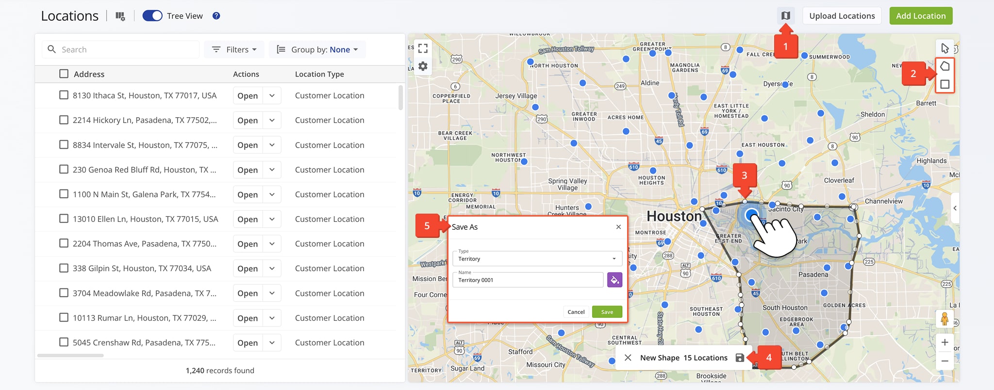 Draw custom shapes on the map to create Location territories.