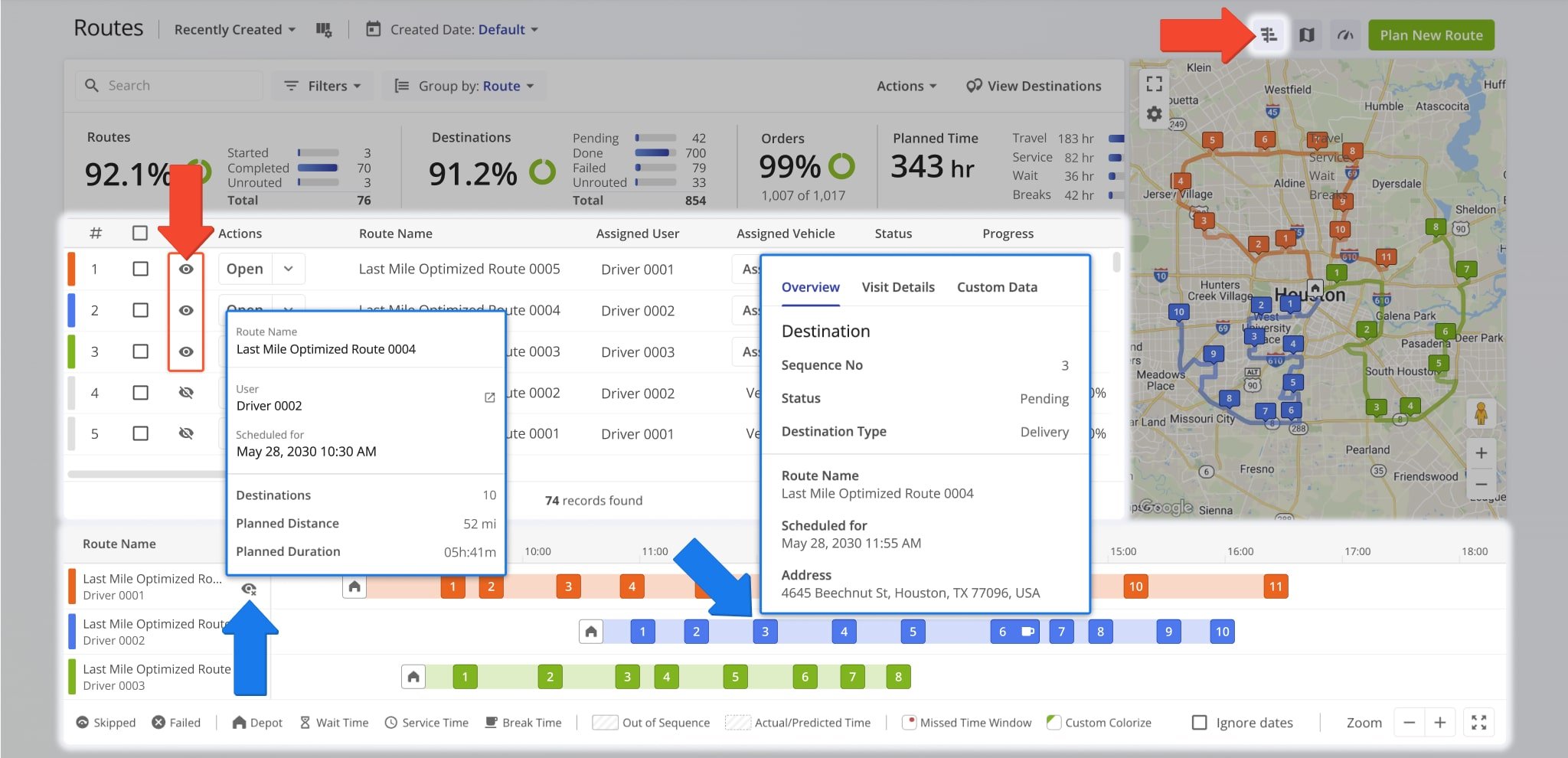 The Routes Page Timeline provides a visual representation of route start and end times as well as the number of destinations associated with the route.