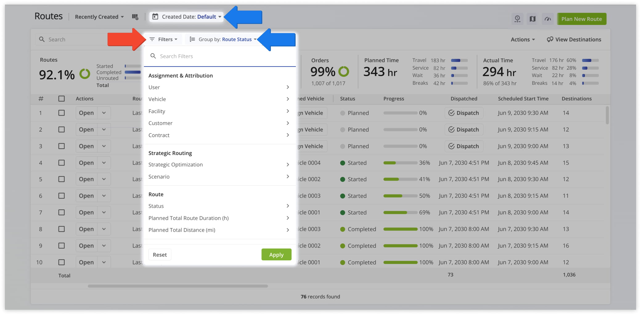 Use Filter and Grouping tools to manage and view route data sets.