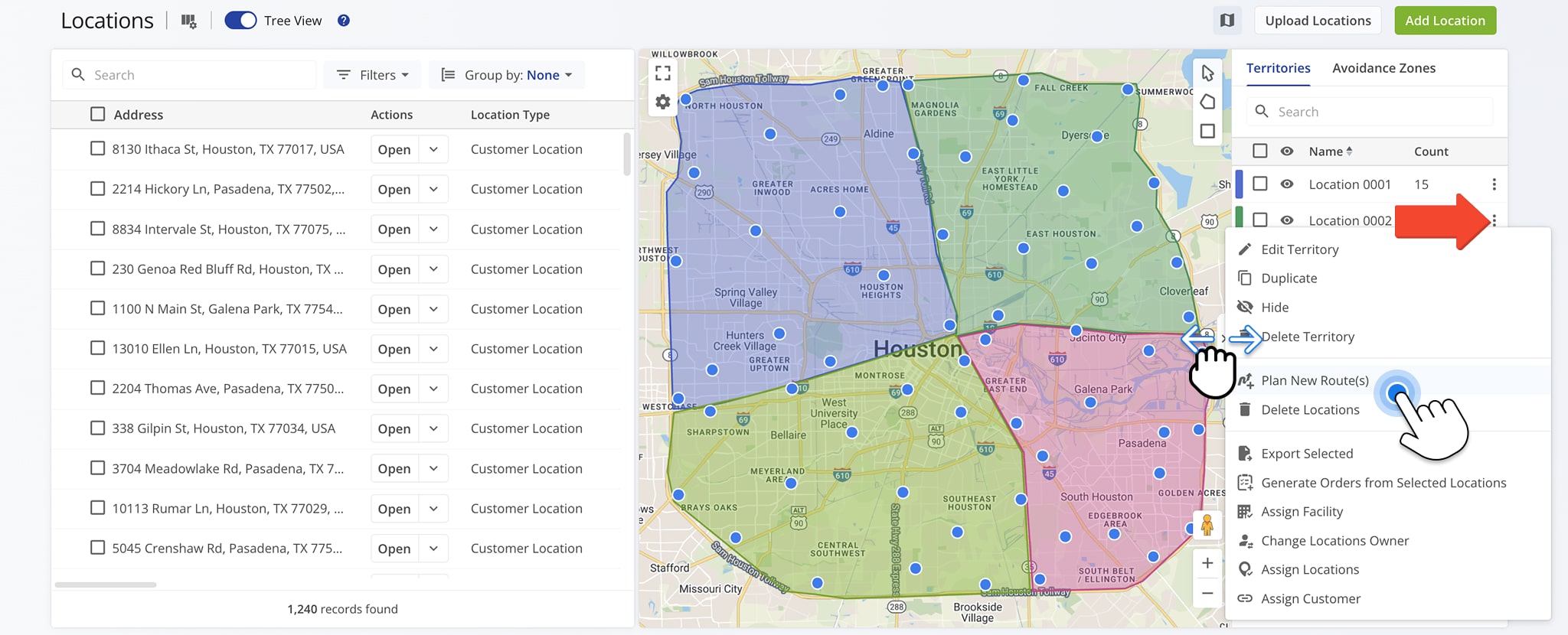 Plan a route using a Location Territory.