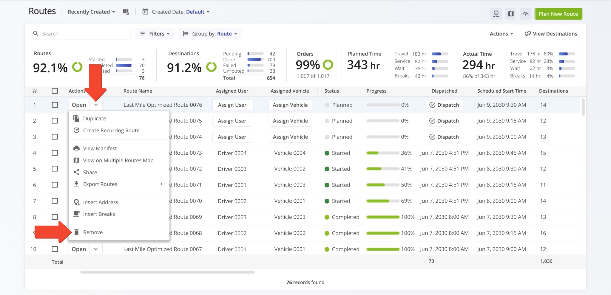 From your Routes List, select the route you want to delete, then click
