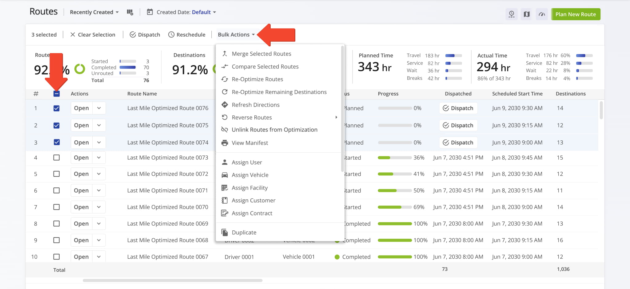 From the Bulk Actions menu you can manage multiple routes in one go.
