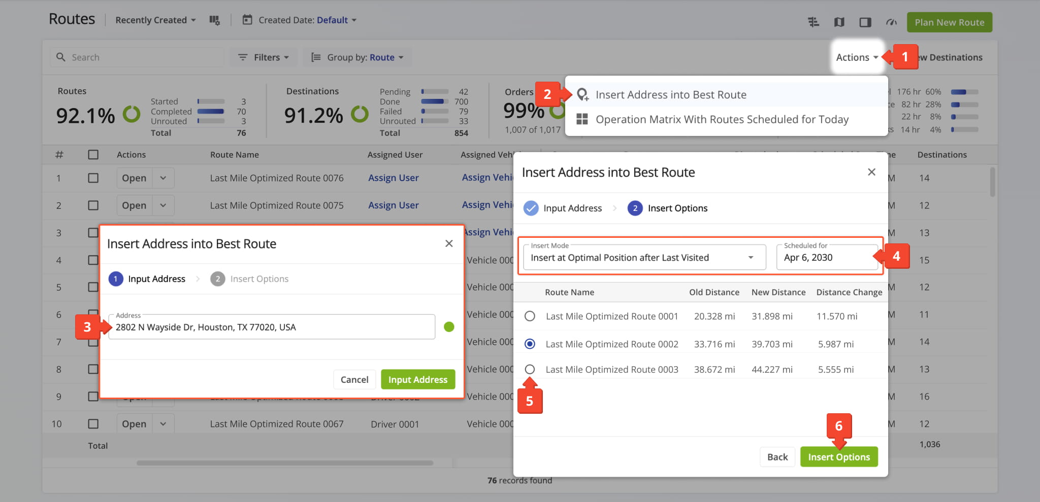 You can use the Routes List to insert an address into the route which will be least impacted by the additional destination.