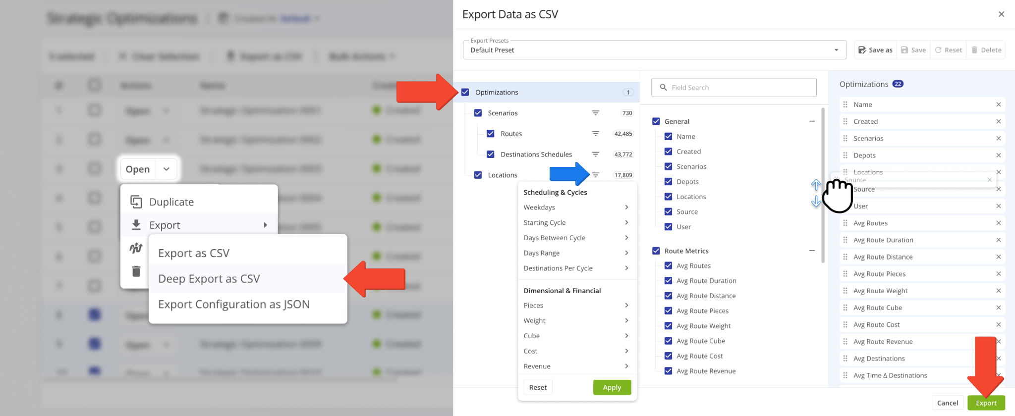 The Deep Export interface enables you to configure more complex export templates.