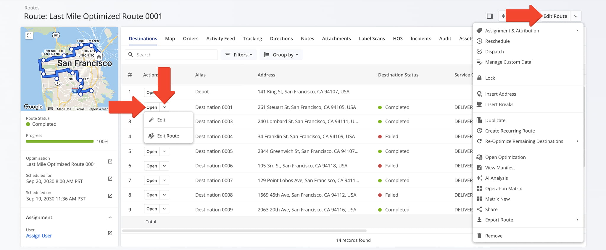 Route Snapshot showing detailed destination data and key routing metrics.