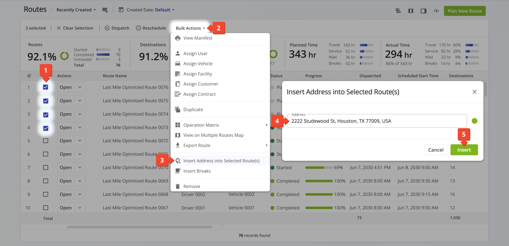 Add a stop to multiple routes at the same time by selecting them in the routes list and clicking