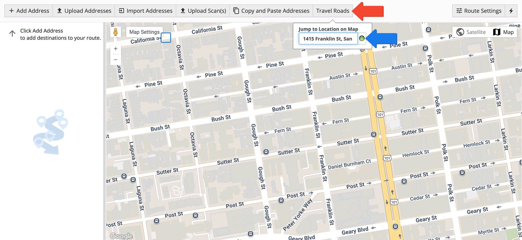 A green dot indicates the address has been confidently geocoded. Click Travel Roads to enter Road Network mode.